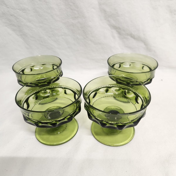 Indiana Glass Kings Crown Thumbprint  Green Footed Sherbet glasses set of 4