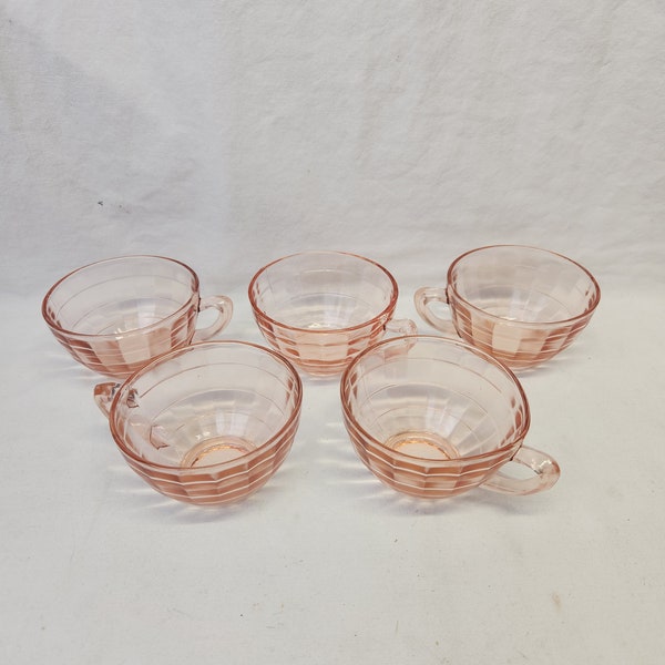 Anchor Hocking teacup Pink Depression Glass Block Optic pattern,  Set Of 5, vintage kitchen