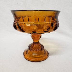 Vintage LE Smith Kings Crown Thumbprint Compote / Candy Dish, Amber color