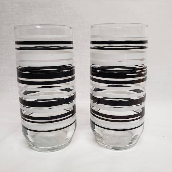 Libbey Black striped glass drinking glasses, clear glass with horizontal stripes, one pair