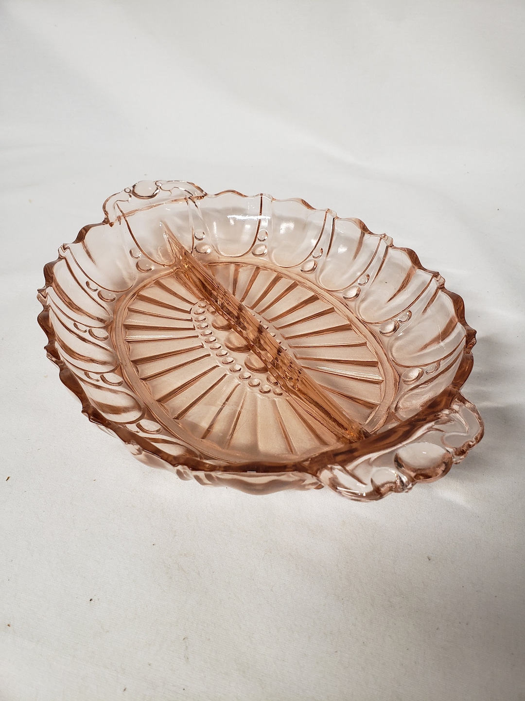 Vintage Pink Depression Glass Dish, Divided Relish Tray, Oyster & Pearl