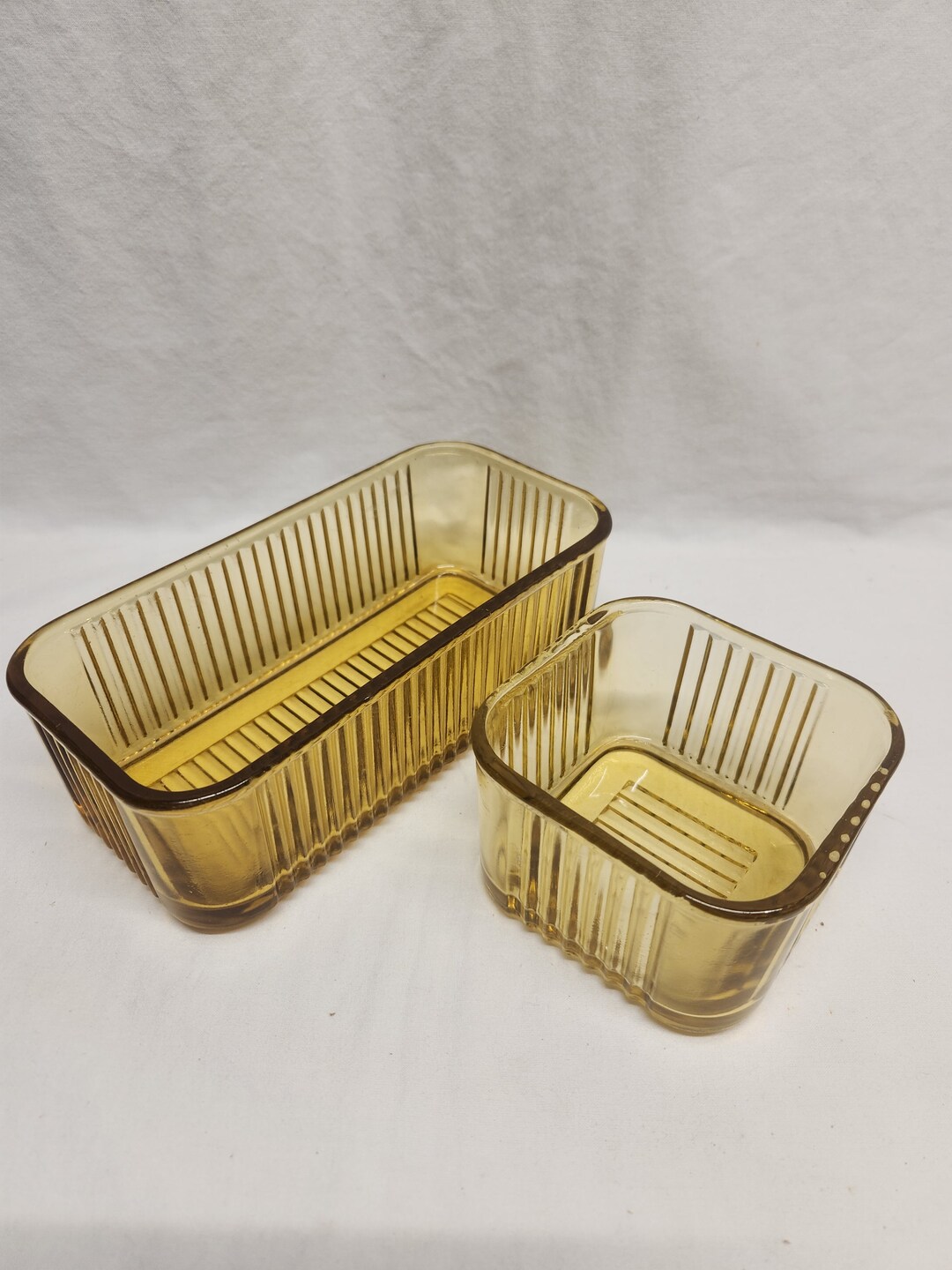 Vintage Refrigerator Dishes Without Lids Amber Ribbed Glass.. Etsy