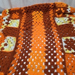 Vintage MCM 70’s Afghan Blanket / Throw Handmade Crochet Granny Sq 24” x 56”