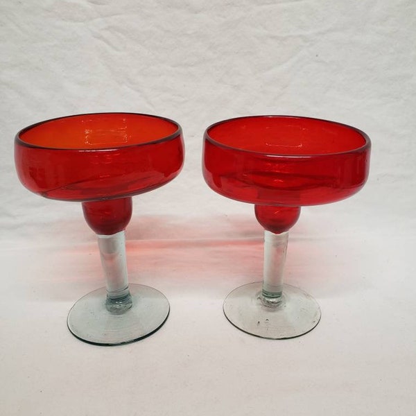 Vintage hand blown margarita glasses, Red Samba Calypso pattern, Mexican glass, one pair