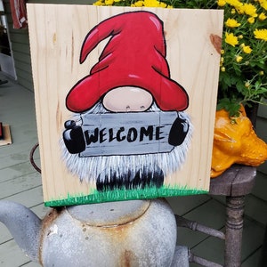 Gnome welcome sign, Wooden gnome sign, gnome art, gnome original art, cute gnome