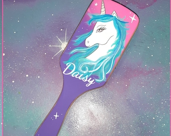 hair brush blue haired unicorn pink & purple ombre personalized / wood painted hairbrush name monogrammed stars cosmic