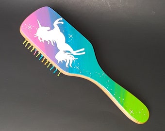 hair brush rainbow unicorn painted / neon rainbow ombre stars / hairbrush handpainted wood / colorful magical comb paddle girls gift