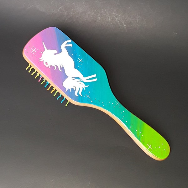 hair brush rainbow unicorn painted / neon rainbow ombre stars / hairbrush handpainted wood / colorful magical comb paddle girls gift