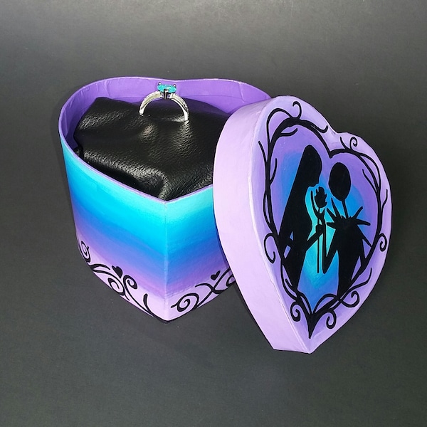 ring box Nightmare Before Christmas heart shaped personalized / jewelry keepsake jack skellington & sally engagement wedding proposal