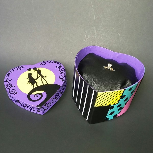 ring box Nightmare Before Christmas painted heart shaped / jewelry trinket keepsake holder / jack sally skellington engagement wedding