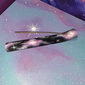 incense holder pink galaxy / star nebula space cosmic witch altar / burn stick burner / fragrance home decor / black light glow