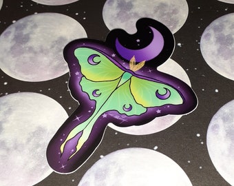 sticker luna moth & purple moon / die cut vinyl decal / lunar night witch butterfly laptop bottle / cute kawaii galaxy tattoo digital art