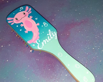 hair brush Axolotl personalized painted / wood hairbrush name monogrammed / cute water dragon salamander aquarium aquatic bubbles