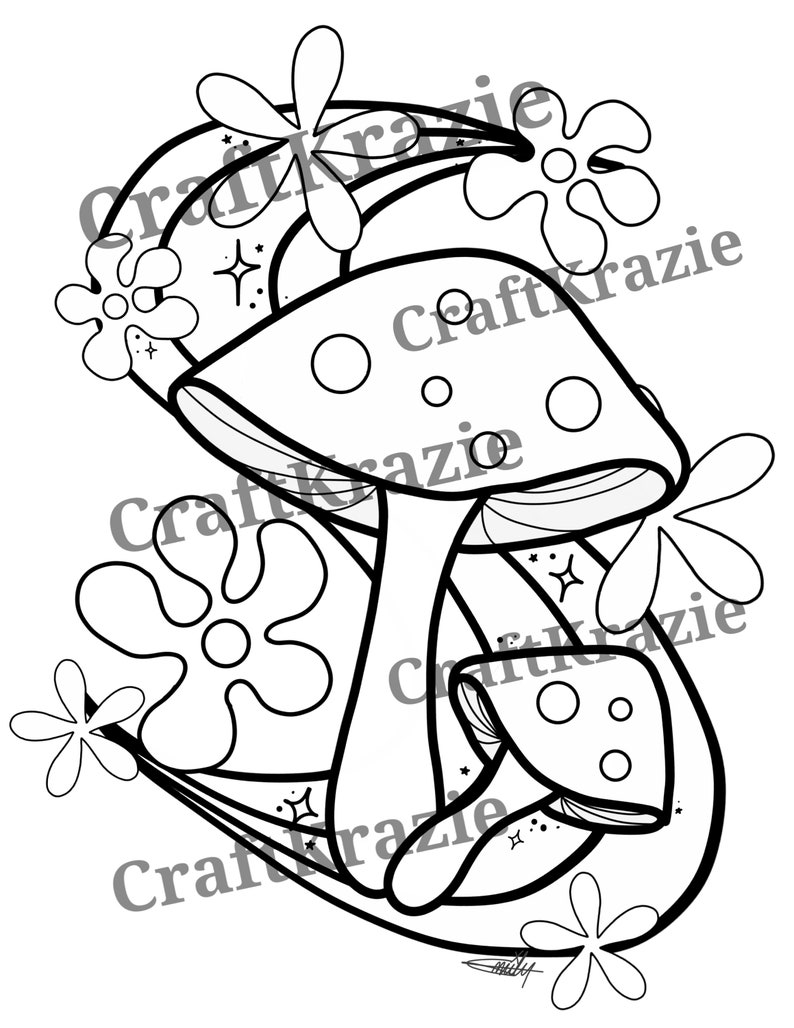 Groovy mushroom coloring page download / 70's vibes flower mushroom shroom vintage hippie plants cottage core / adult color pages image 1