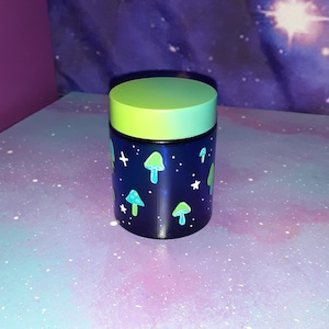 stash jar Cute mushrooms blue glass, cosmetic makeup herb weed, green teal aqua, kawaii pastel goth occult witch altar shroom fairy cottage image 1