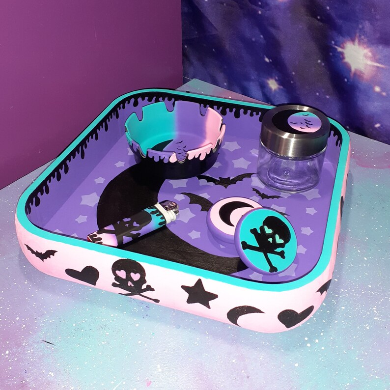 Hand painted Pastel Goth moon & skull rolling tray set / | Etsy