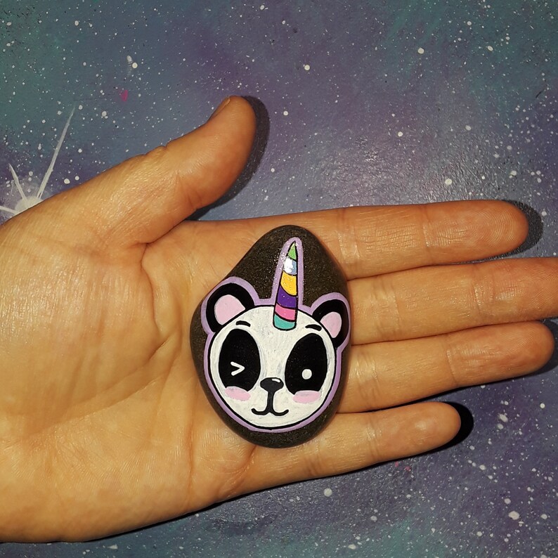 unicorn panda pandacorn rock painted / yard art natural stone collector / decor outdoor decoration / fairy garden / pastel cute kindness image 4