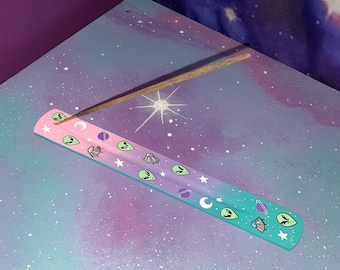 incense holder cute pastel alien / witch altar burner stick / ufo space celestial stars / fragrance decor stay weird trippy glow