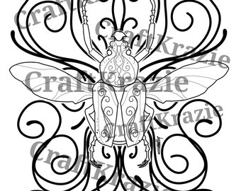Beetle coloring page download / bug insect swirls occult witchy trippy goth gothic kawaii / adult color pages