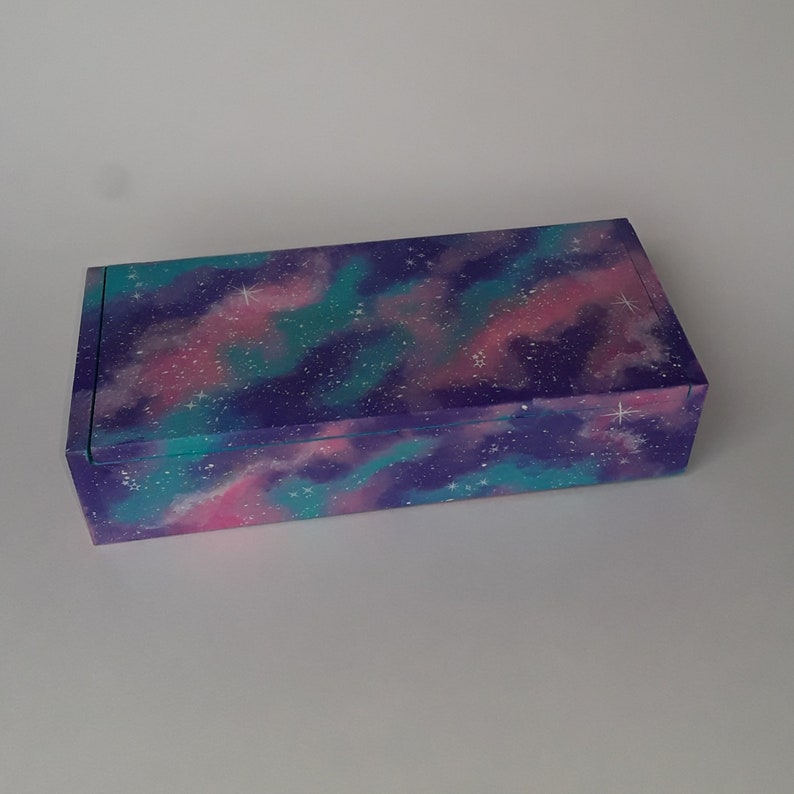 Hand painted galaxy jewelry box cosmic space nebula wood trinket holder stash boxes purple blue pink stars wooden keepsake storage