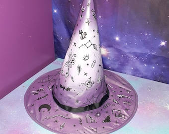 Witch hat painted witchy doodle tattoo / witches costume / Halloween accessories / kawaii pastel goth / unique lavender ombre drawing witch