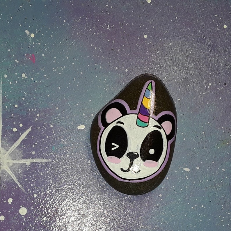 unicorn panda pandacorn rock painted / yard art natural stone collector / decor outdoor decoration / fairy garden / pastel cute kindness image 2