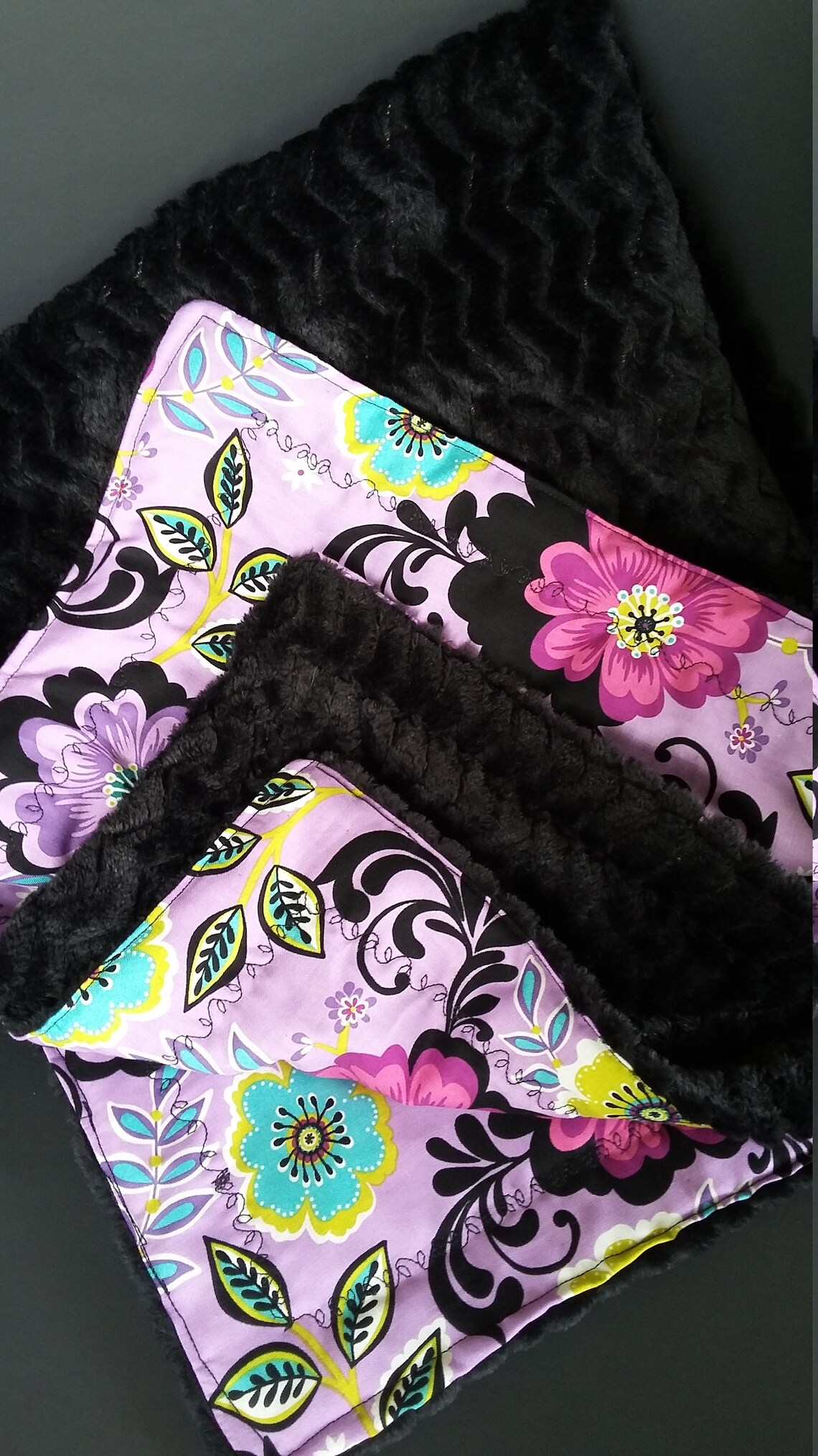 Purple and black floral baby blanket / chevron stripe soft Etsy