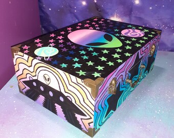 Alien stash box, hand painted black light glow, trippy ufo makeup chest, space blacklight neon rainbow stars