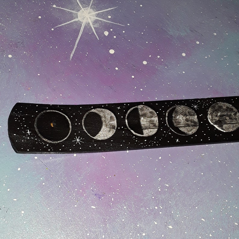 incense holder moon phases black & silver / witch altar occult burner stick / full moons phase space celestial stars / fragrance decor image 8