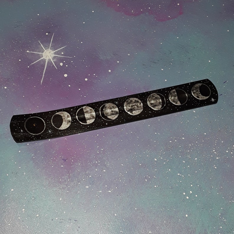 incense holder moon phases black & silver / witch altar occult burner stick / full moons phase space celestial stars / fragrance decor image 5