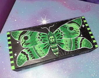 Box green deathhead moth painted / stars moon skull cosmic space wood trinket tarot / goth witch altar occult / storage chest stash