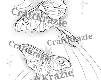 2 Luna Moth coloring page download, butterfly insect witchy occult vibes moon pastel goth gothic kawaii, adult color pages print printable