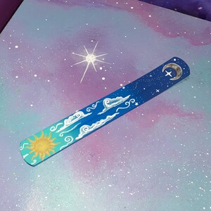 incense holder sun & moon / witch altar burner stick / clouds space celestial stars / fragrance decor day and night silver gold hippie image 9