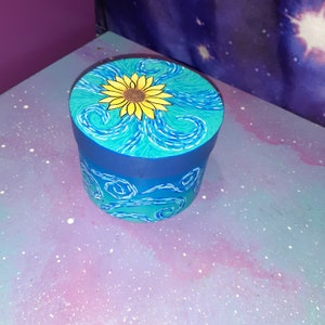 sunflower swirl painted box / jewelry trinket keepsake holder stash storage / Vangogh inspired art blue teal aqua ombre / nature plants sky