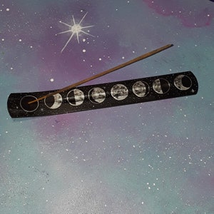 incense holder moon phases black & silver / witch altar occult burner stick / full moons phase space celestial stars / fragrance decor image 2