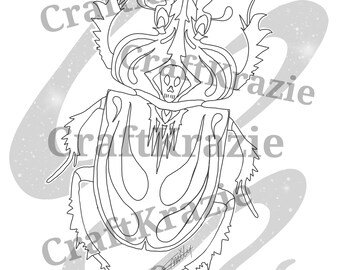Skull Beetle coloring page download / bug insect toxic creepy occult witchy trippy goth gothic kawaii / adult color pages