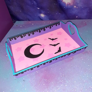 tray Cute moon and bats wood / storage cosmetic stash / pink purple teal / kawaii pastel goth / wooden box / makeup crystals stars