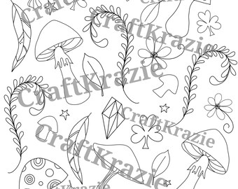 Forest witch coloring page download / witchy flower crystals mushroom shroom feather magic leaves plants cottage core / adult color pages