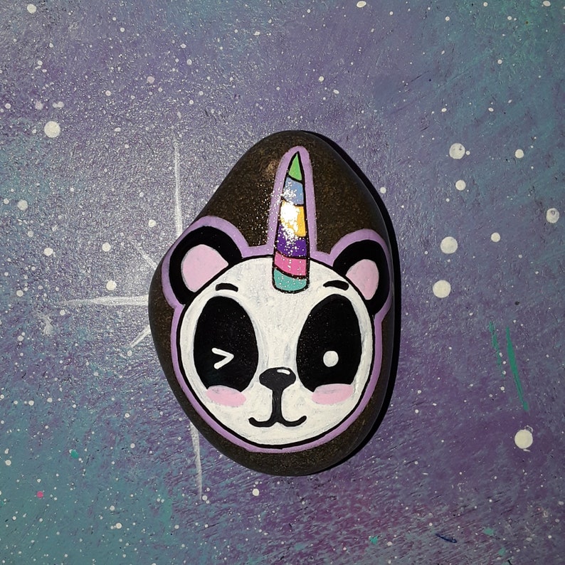 unicorn panda pandacorn rock painted / yard art natural stone collector / decor outdoor decoration / fairy garden / pastel cute kindness image 1