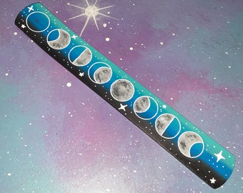 incense holder moon phases blue & black / witch altar occult burner stick / full moons phase space celestial stars / fragrance decor painted