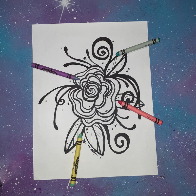 Rose coloring page download / flower swirls groovy trippy fairy tattoo / adult color pages image 2