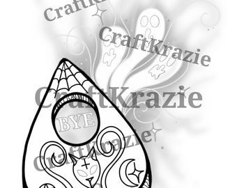 May include: Black and white line art illustration of a Ouija board planchette with a cat, a crescent moon, a star, and a pentagram. The planchette says "BYE" on it. The background is a faded gray with ghosts and swirls.