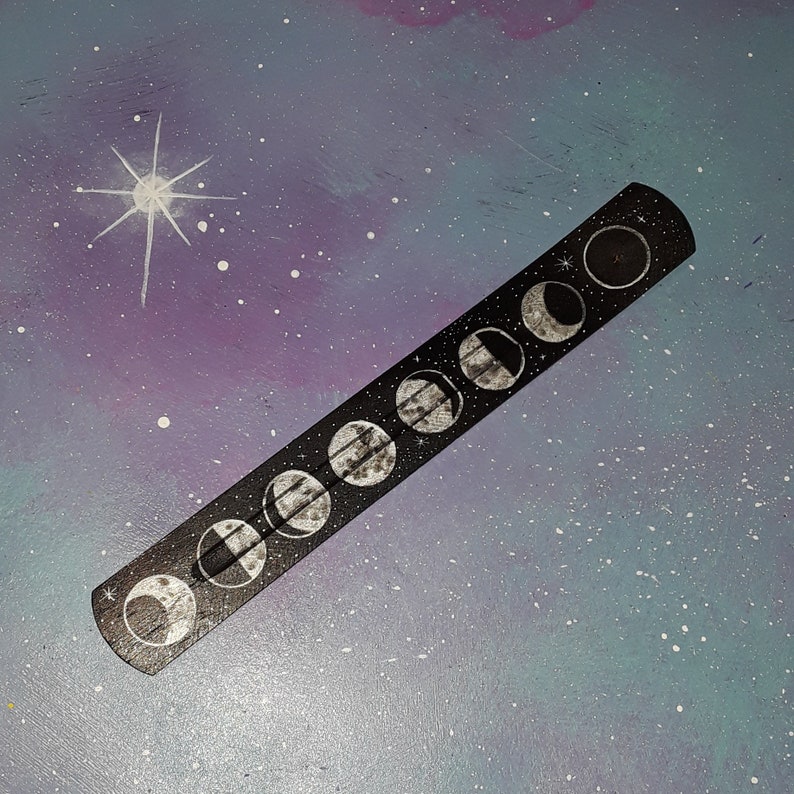 incense holder moon phases black & silver / witch altar occult burner stick / full moons phase space celestial stars / fragrance decor image 9