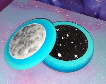 painted box moon phases stash / jewelry trinket tray galaxy space stars planets ombre / wood witch altar astrology