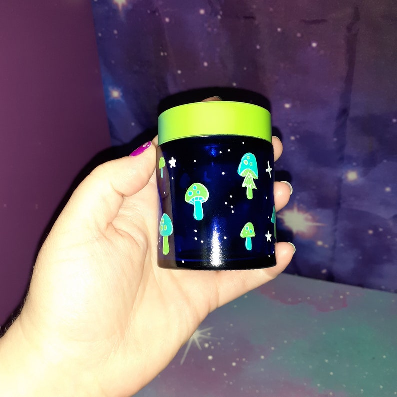 stash jar Cute mushrooms blue glass, cosmetic makeup herb weed, green teal aqua, kawaii pastel goth occult witch altar shroom fairy cottage image 3