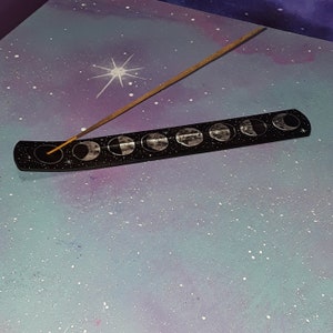 incense holder moon phases black & silver / witch altar occult burner stick / full moons phase space celestial stars / fragrance decor image 3