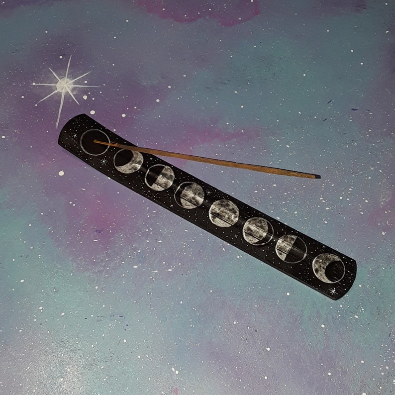 incense holder moon phases black & silver / witch altar occult burner stick / full moons phase space celestial stars / fragrance decor image 4