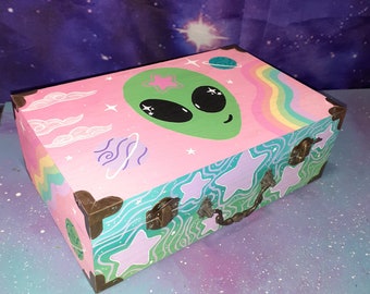 Kawaii Alien stash box, pastel rainbow clouds planets stars space cute, uv glow 90's vibes colorful, storage keepsake chest boxes trickets