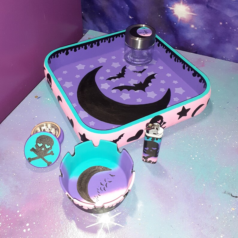 Hand painted Pastel Goth moon & skull rolling tray set / | Etsy