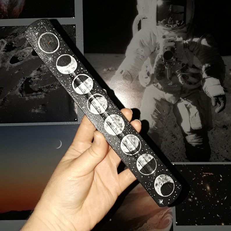 incense holder moon phases black & silver / witch altar occult burner stick / full moons phase space celestial stars / fragrance decor image 7